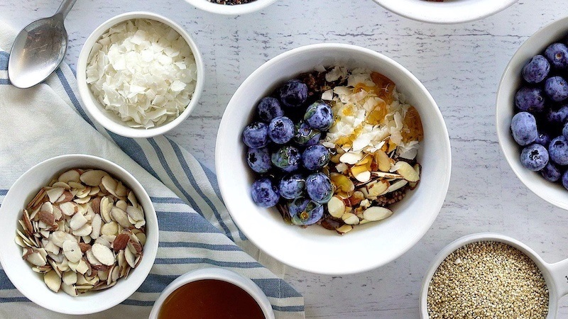 Black Cherry Blueberry Quinoa Breakfast Bowl using Lundberg Organic Antique White Quinoa