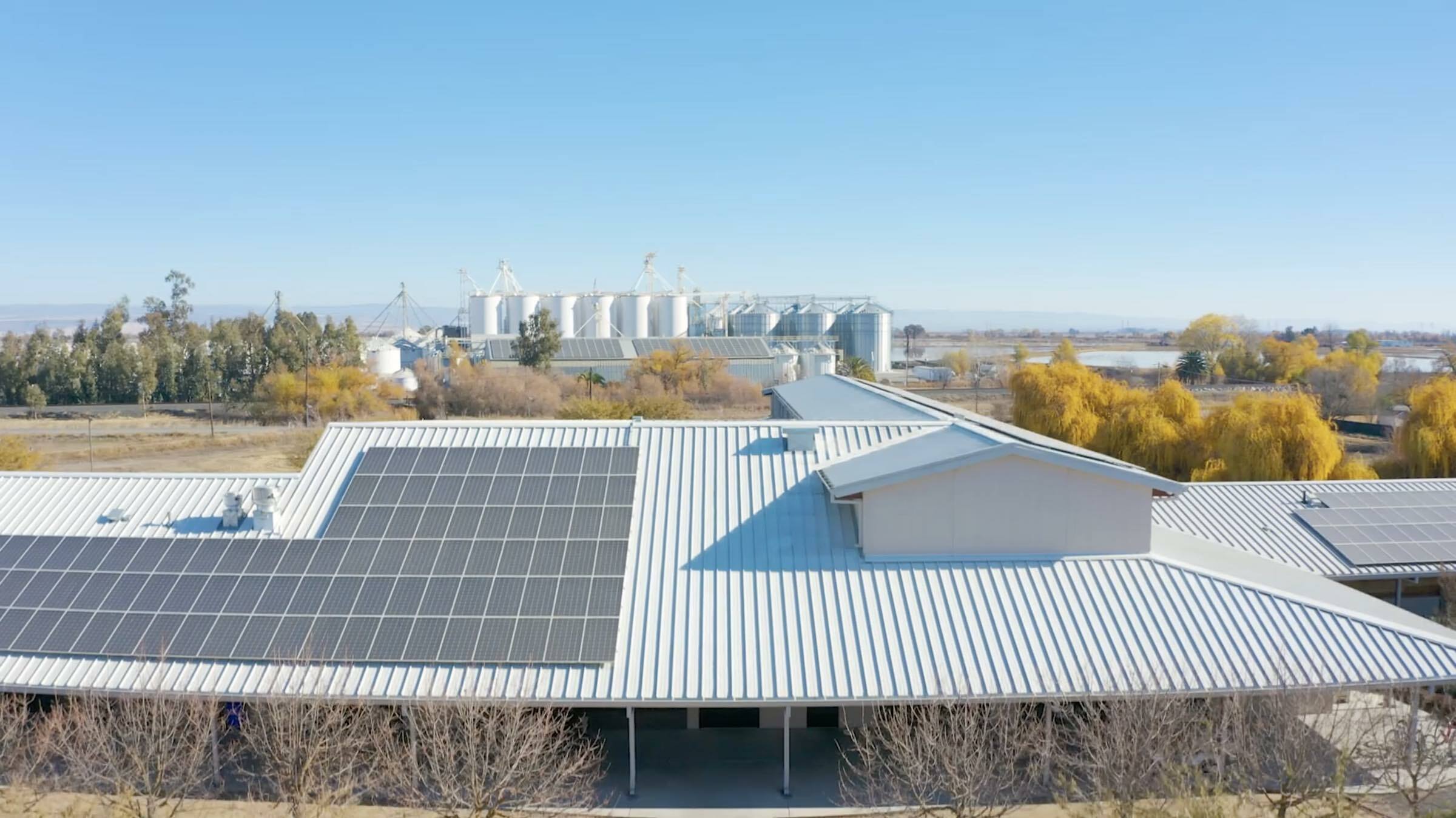 Solar panels atop Lundberg's Administration Building and Drying & Storage Facilities.