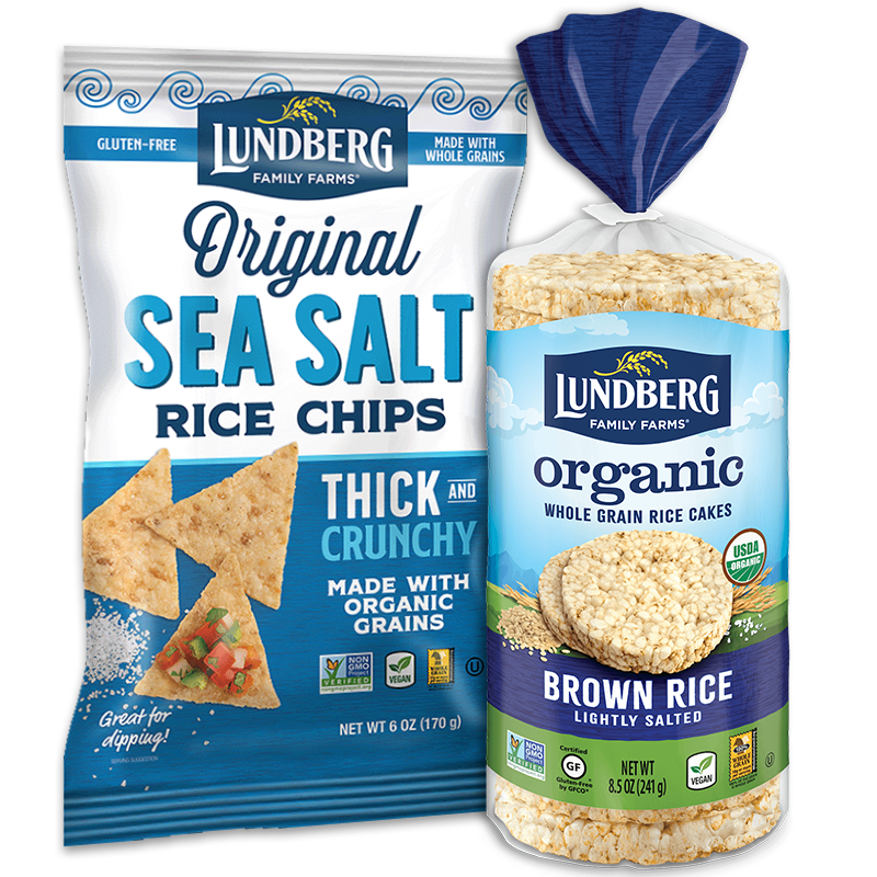 Lundberg Rice Chips and Rice Cakes packages