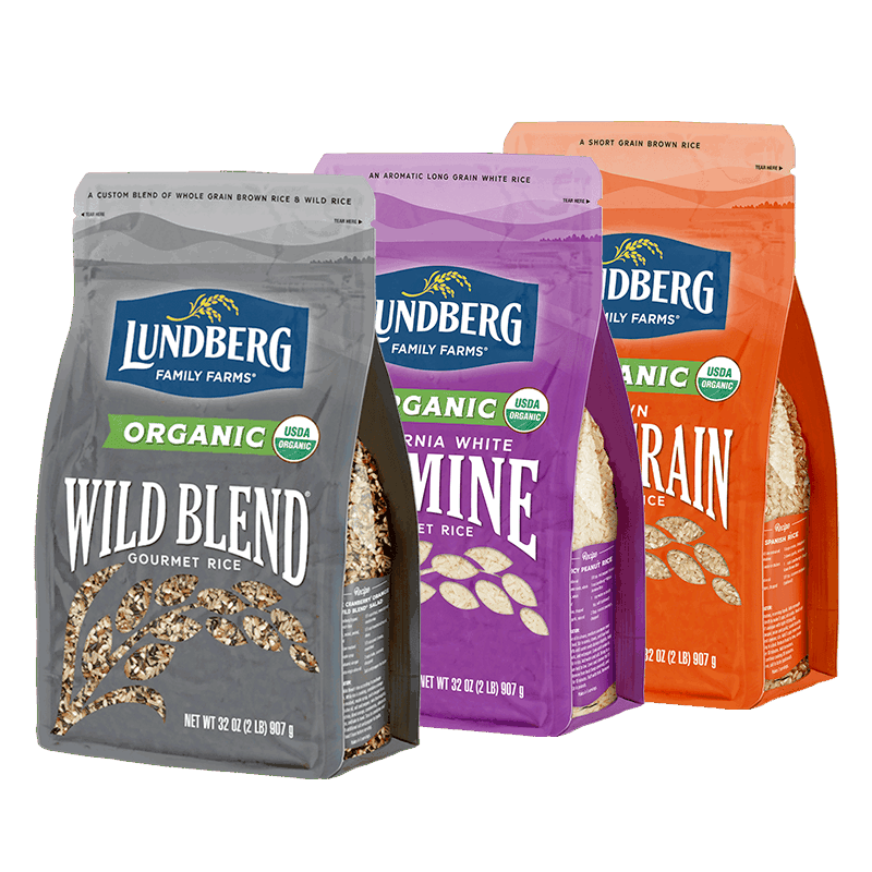 Lundberg Organic Wild Blend, White Jasmine and Short Grain Brown Rice bags.