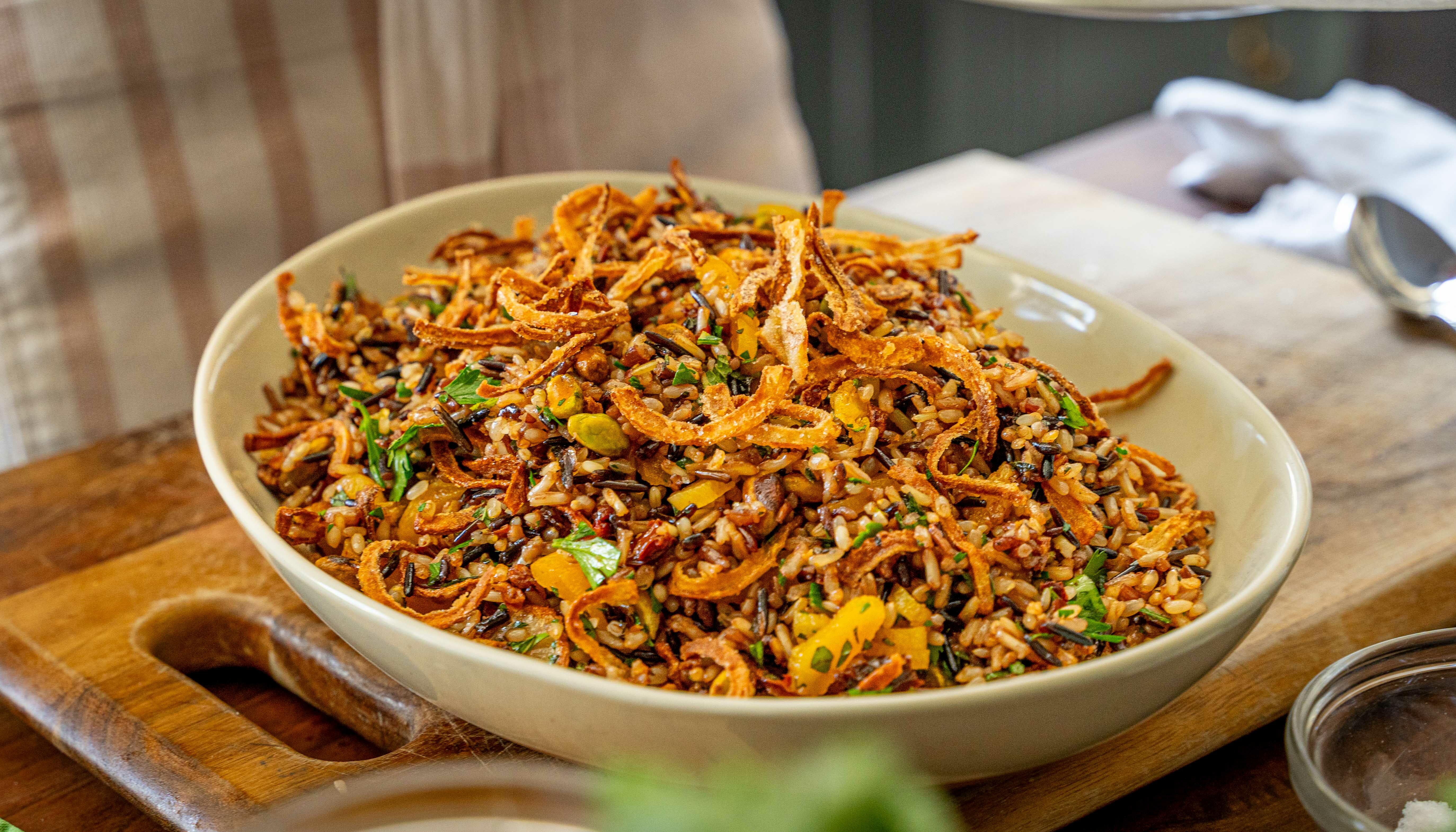 Chef Marcela's Morita Wild Rice with Fried Onions, Pistachios, and Apricots