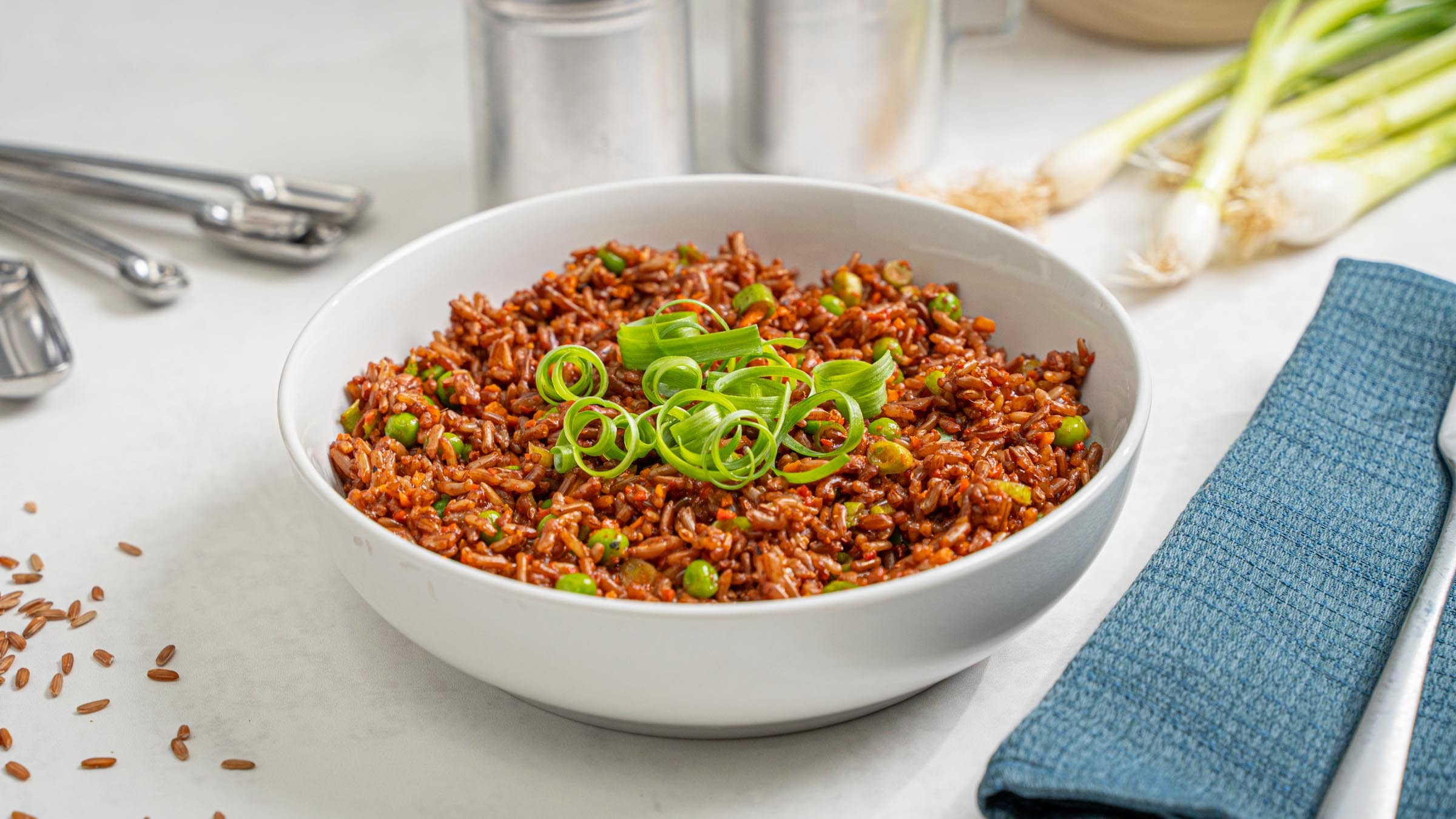 Red Rice Pilaf in white bowl