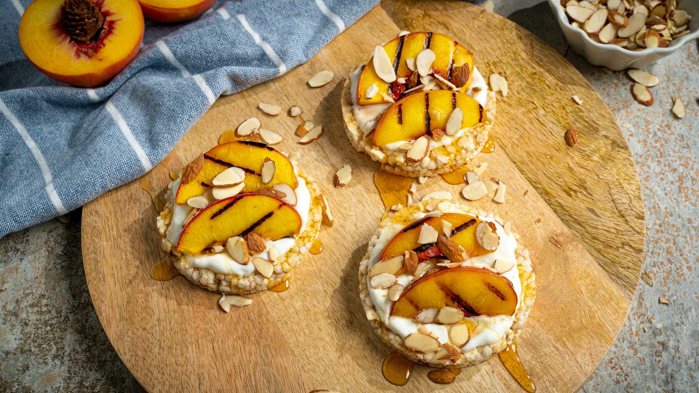 Salted Caramel Rice Cakes with Grilled Peaches