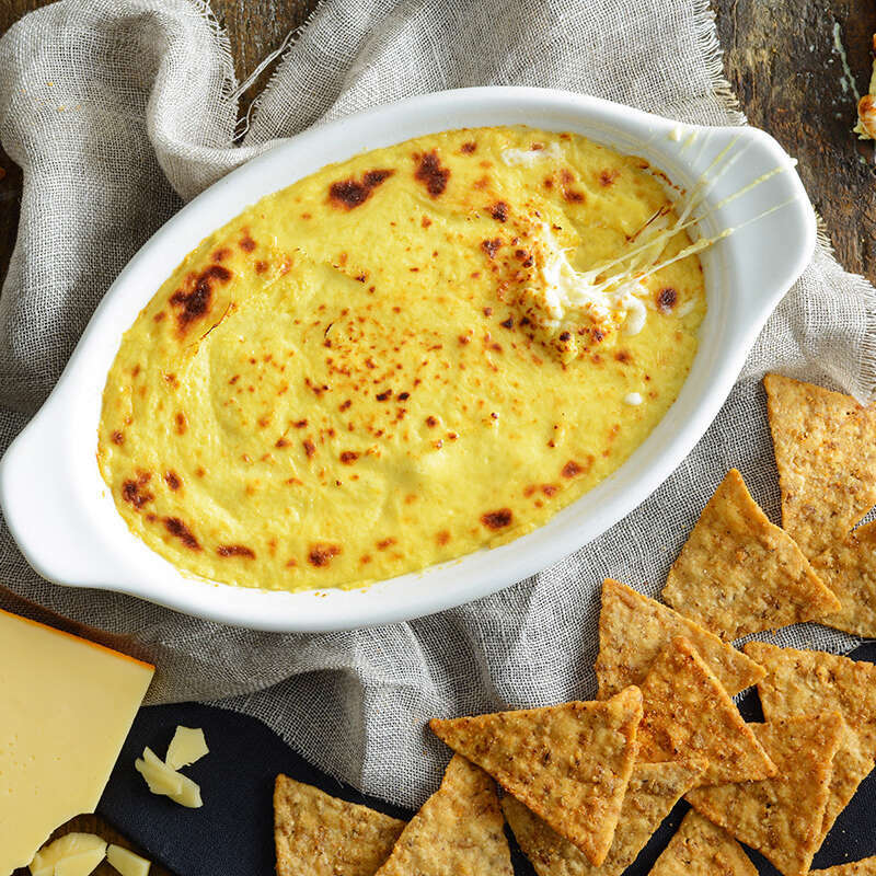 Smoked Gouda Beer Cheese Dip served with Lundberg Santa Fe Barbecue Brown Rice Chips