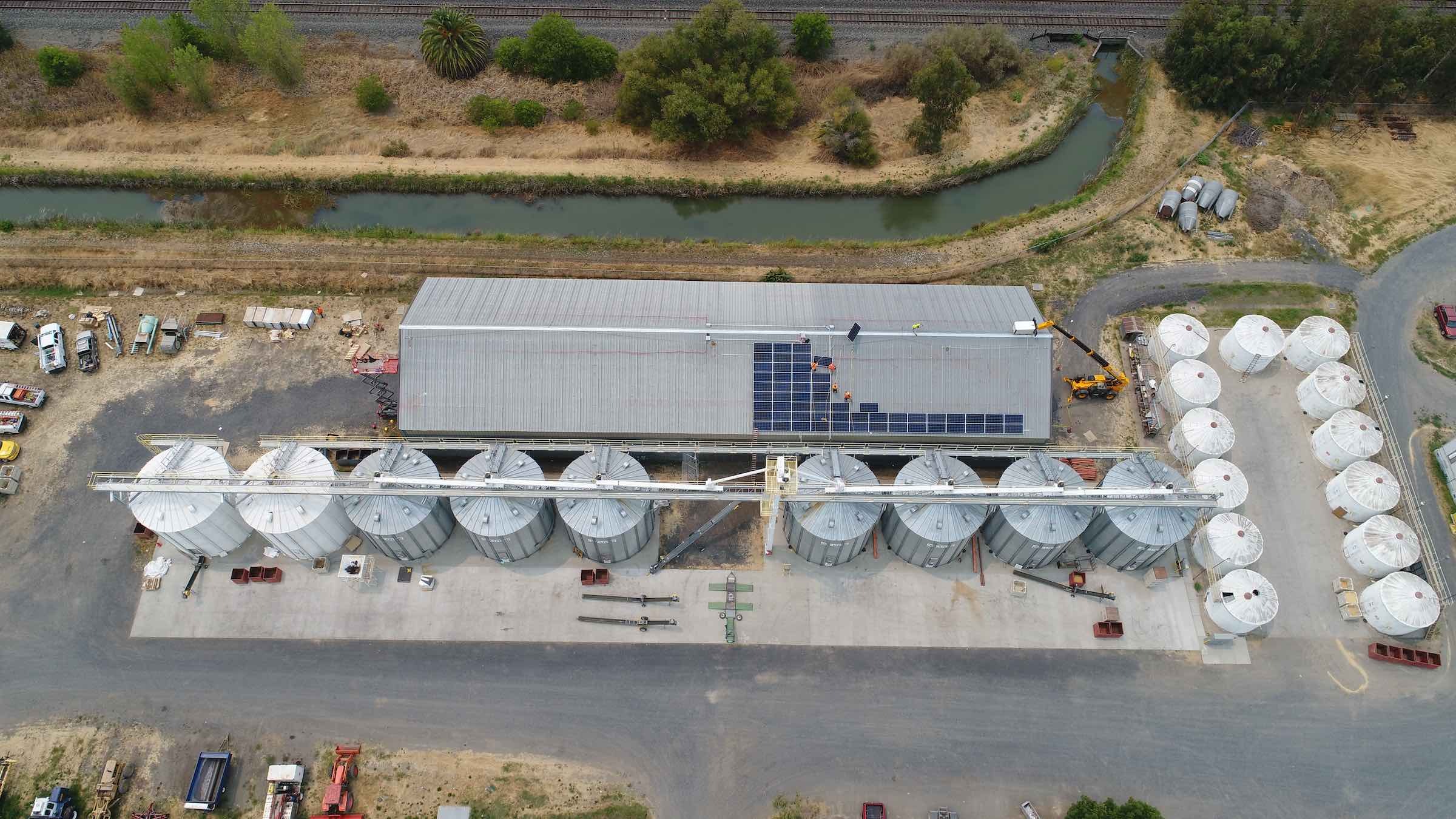Solar panels are installed atop the Harvest Building at Lundberg's Drying & Storage facilities.