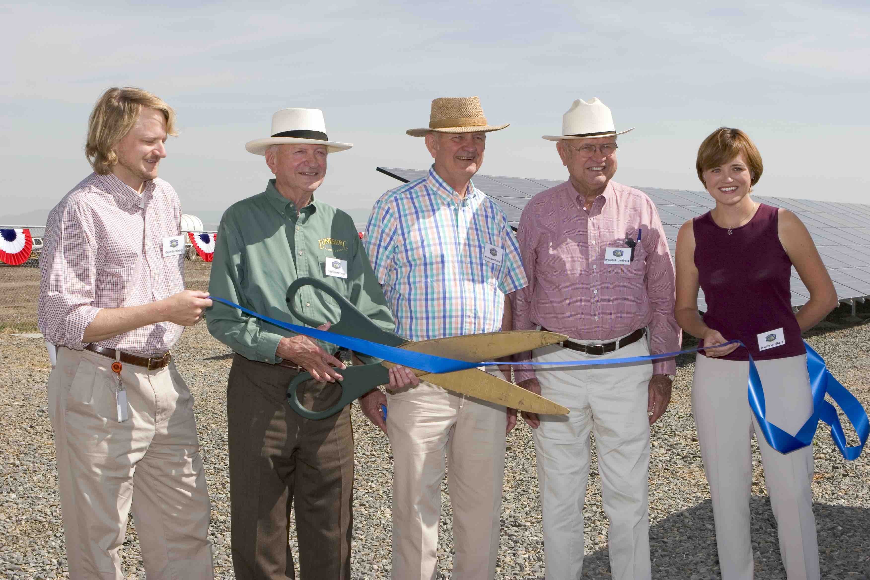 Grant, Eldon, Homer, Wendell, and Jessica Lundberg at a ribbon cutting for the new solar panels.