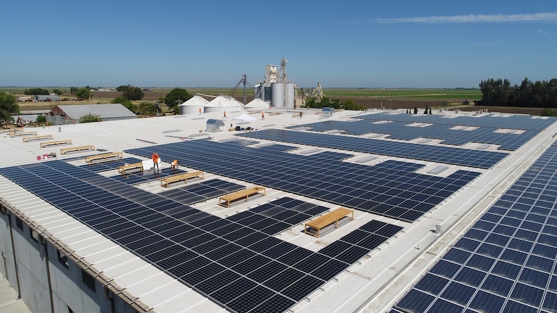 Solar panels are installed atop Lundberg's Snacks facility.