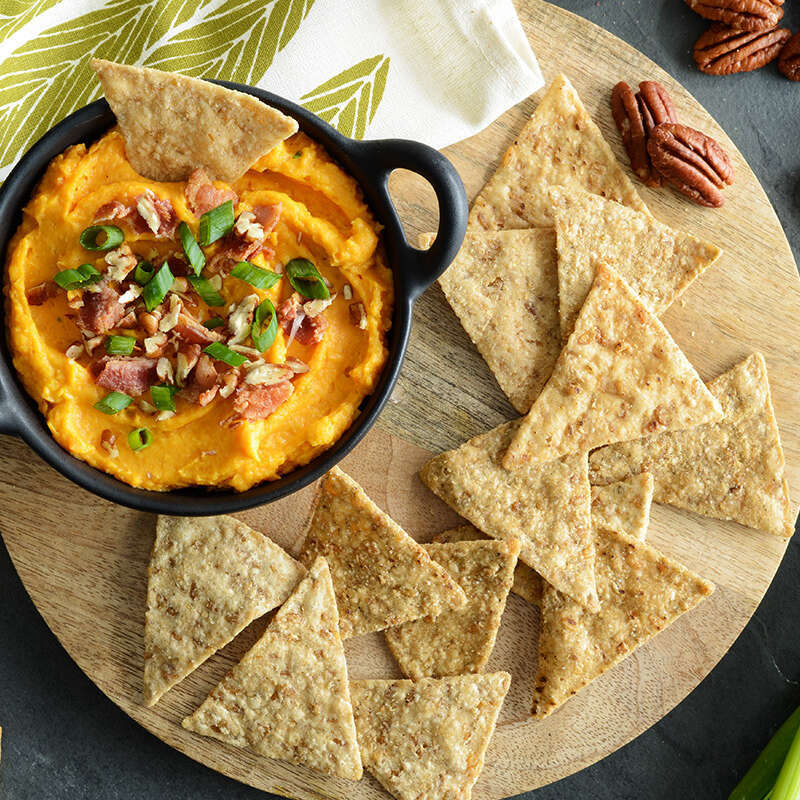 Sweet Potato Dip with Pecans and Bacon and served with Lundberg Sea Salt Brown Rice Chips